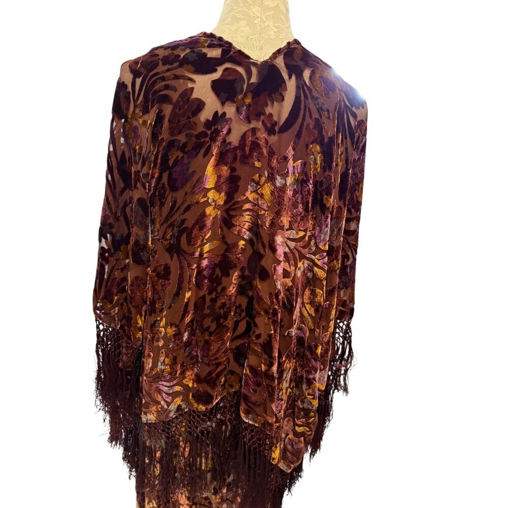 Shiba 1990s Womens Shawl Dress Size Large Brown Purple Burnout Silk Velvet Party - Picture 13 of 16